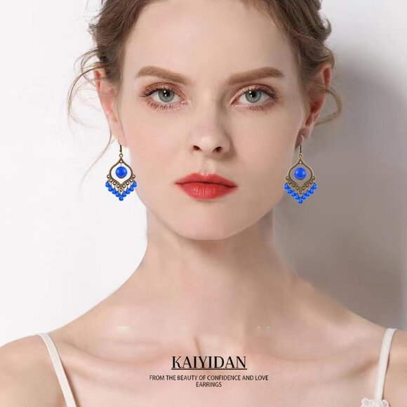 Blue Beads Tassels Retro Teardrop Vintage Long Summer Earring for Women Jewelry - Picture 5 of 9